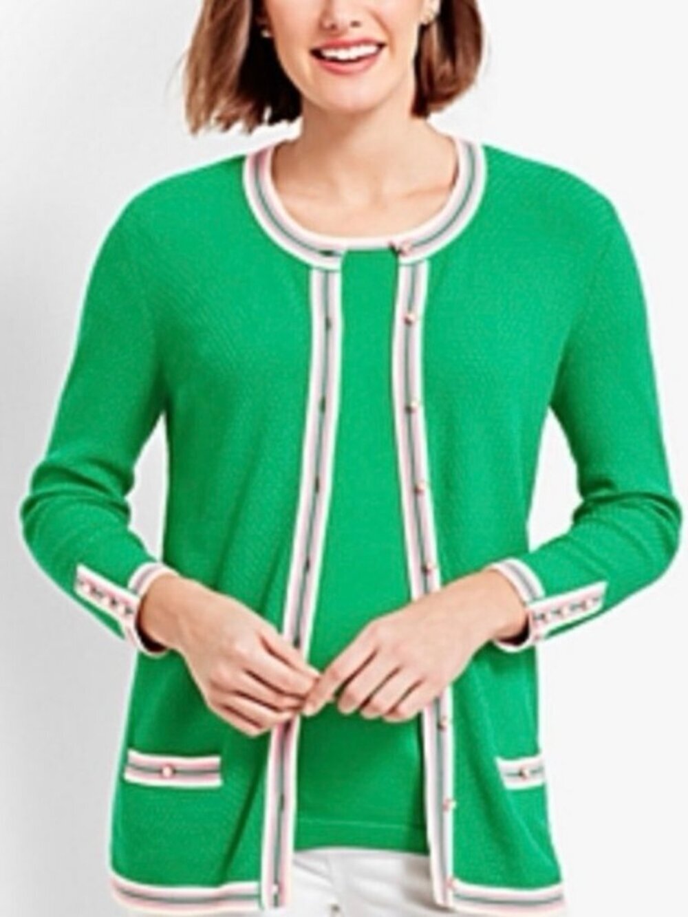 Talbots Green Cardigan Pearl Button Pink White Trim Sweater Women’s Size XS